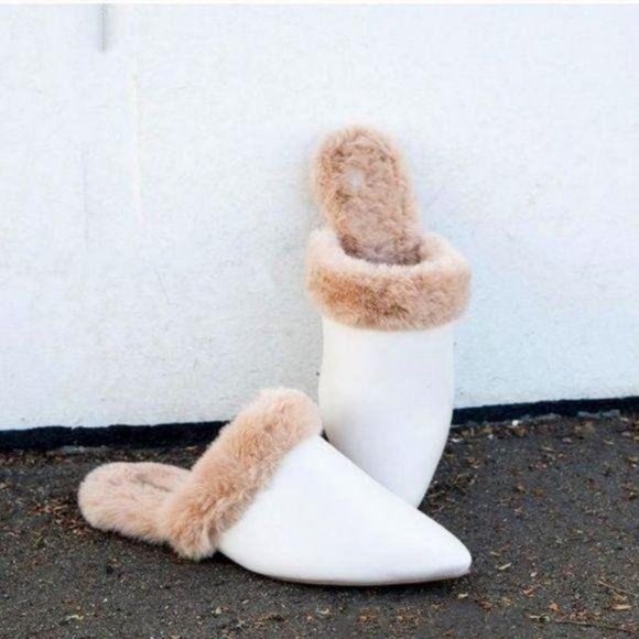 Shoes - Faux Fur Lined Pointed Toe Mules in Off White